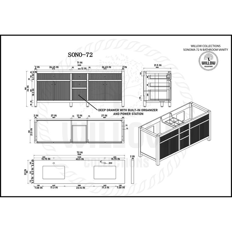 Willow Collection 72 in W x 22 in D x 36 in H Boston Double Bowl Sink Bathroom Vanity with Countertop