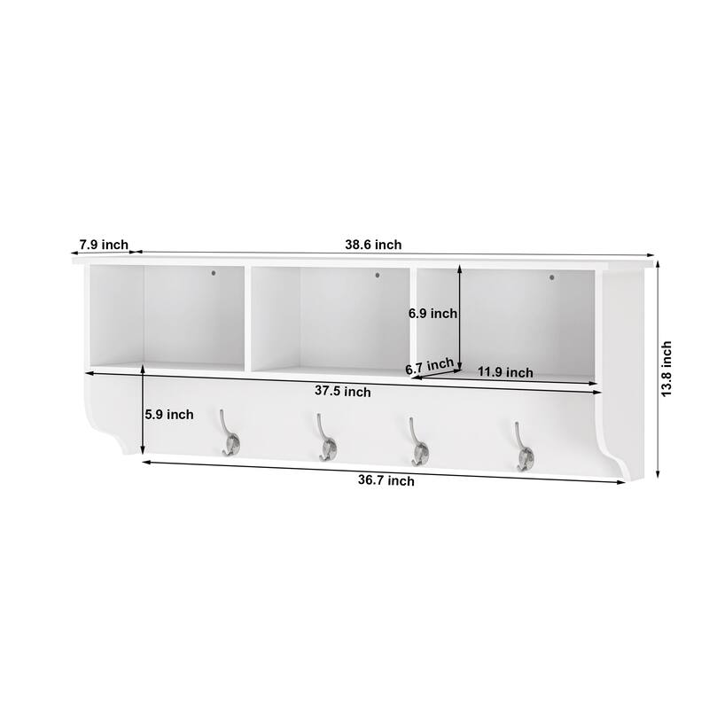 Anmytek White Wall Mounted Coat Rack 4 Dual Hooks Wooden Storage Shelf Entryway Living Room