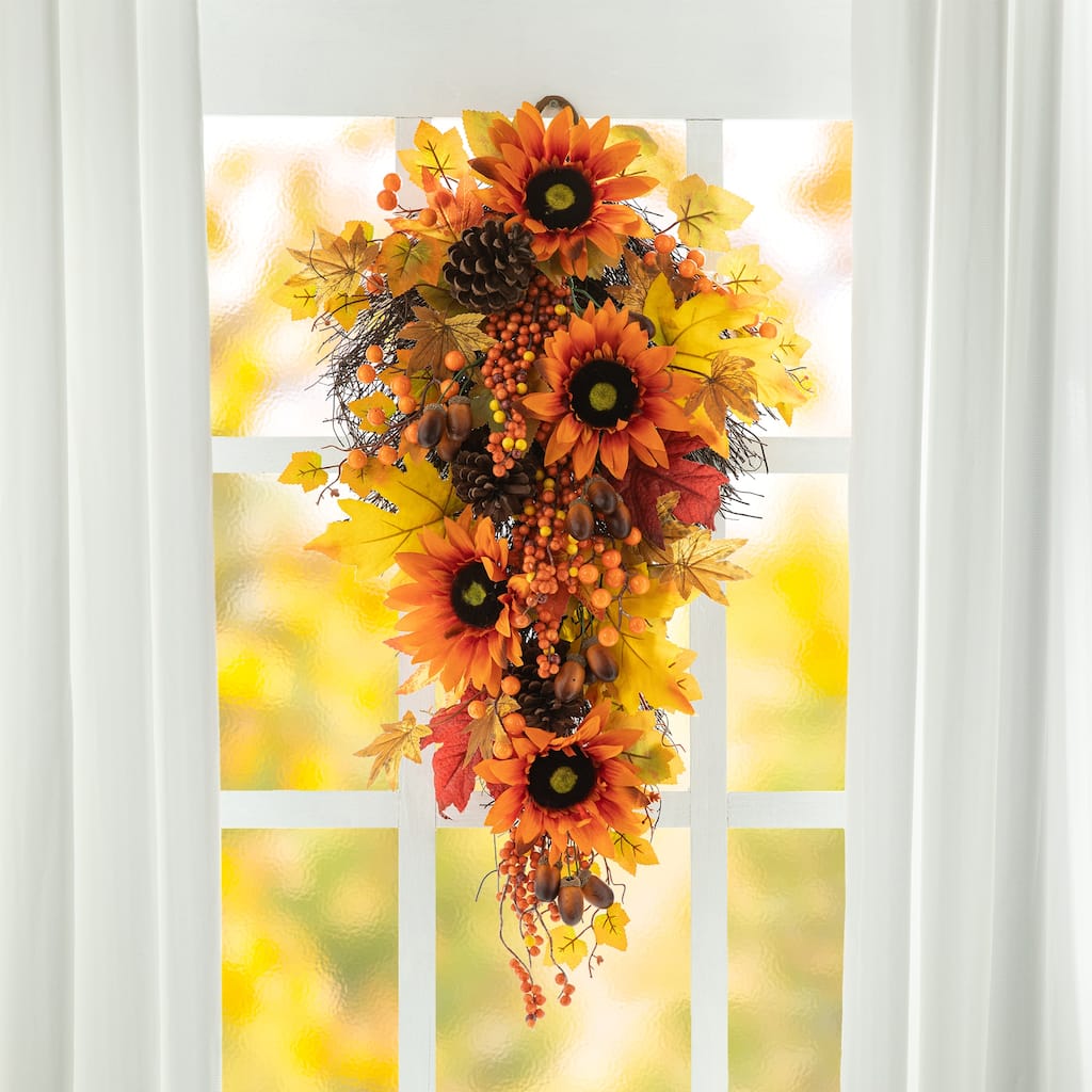 Glitzhome Fall Sunflower Pumpkin Lotus Leaf Teardrop Swag Wreath Thanksgiving Decoration