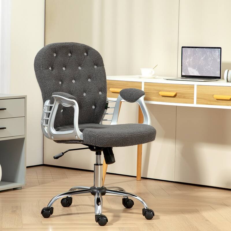 Teddy Fleece Home Office Chair, Upholstered Vanity Chair with Armrests, Swivel Rolling Chair with Back and Wheels - N/A