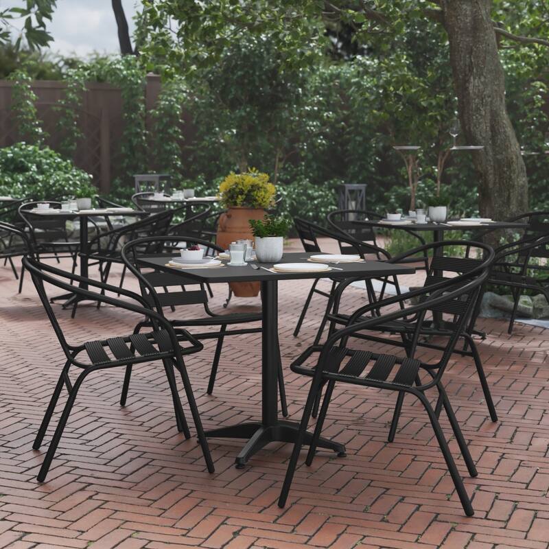 31.5" Square Aluminum Indoor-Outdoor Table Set with 4 Slat Back Chairs - Black