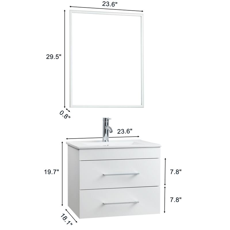 Wood Grain Wall-Mounted Bathroom Vanity with Double Drawers,Soft-Close System,Ceramic Sink,and Aluminum Frame Mirror