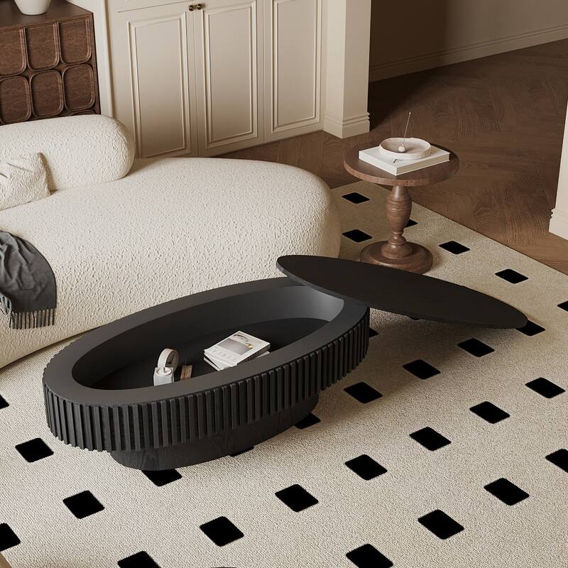47" Oval Coffee Table with Storage Solid Wood Veneered Modern Coffee Table Accent Tea Table for Living Room, Bedroom - Black