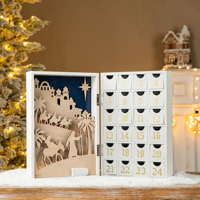 Glitzhome 17"L Lighted Wooden Nativity Advent Calendar for Adults & Kids Christmas Decoration - Nativity Advent Calendar