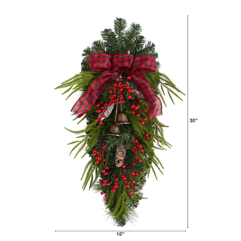 24" Holiday Christmas Pine Cones, Berry and Bells Wreath - Green - 30