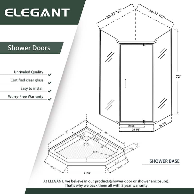 Elegant Corner Shower Enclosure 36 1/2 in. W x 72 in. H Neo-angle Sliding Shower Door 1/4 in. Tempered Glass with Shower Base