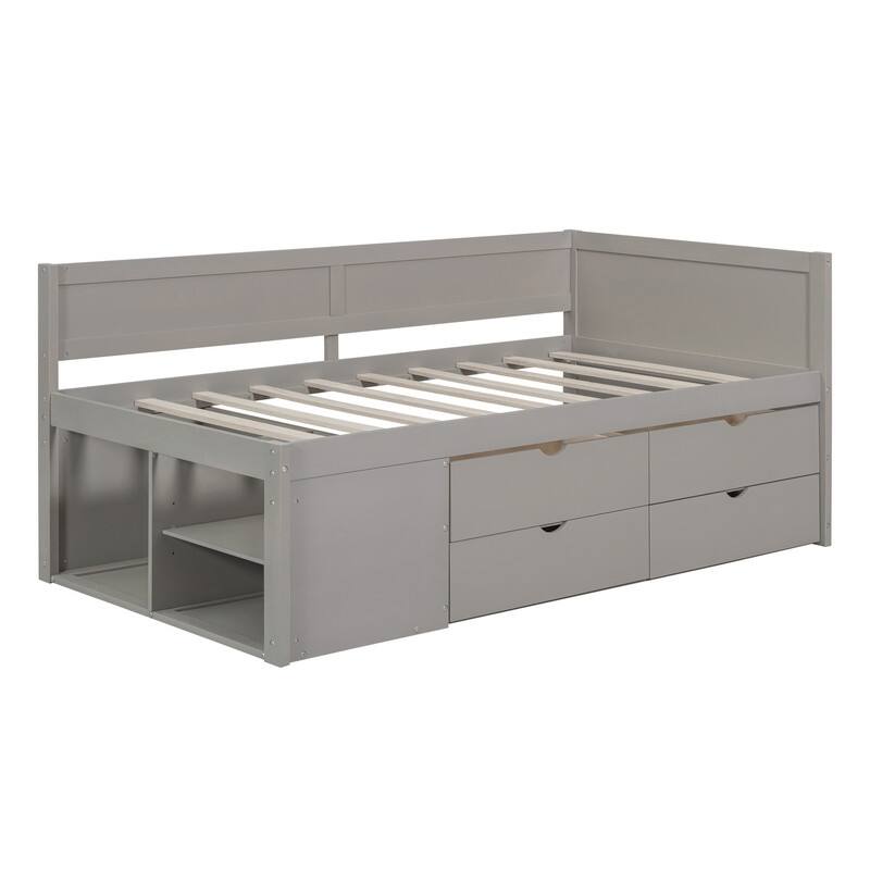 Twin Size Wood Daybed with Drawers and Storage Shelves