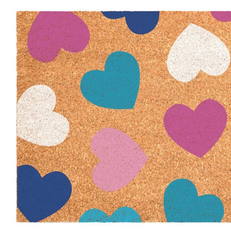 HomeRoots 17" X 29" Brown Blue Navy Blue And Light Pink Hearts Outdoor Coir Door Mat - 17.00' X '29.00