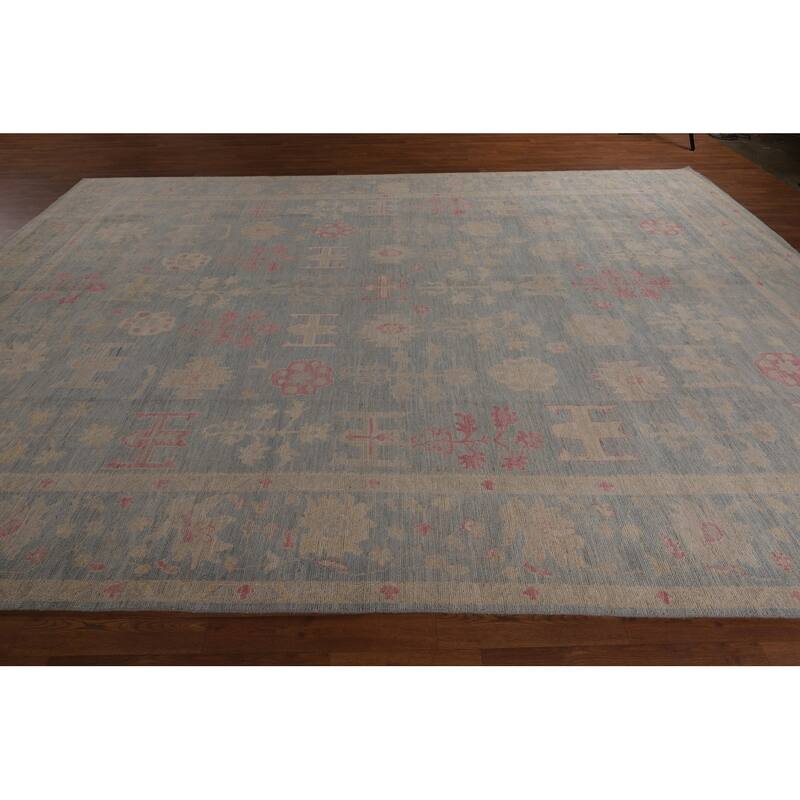 Blue Oushak Vegetable Dye Turkish Large Rug Hand-Knotted Wool Carpet - 9'9"x 13'11"