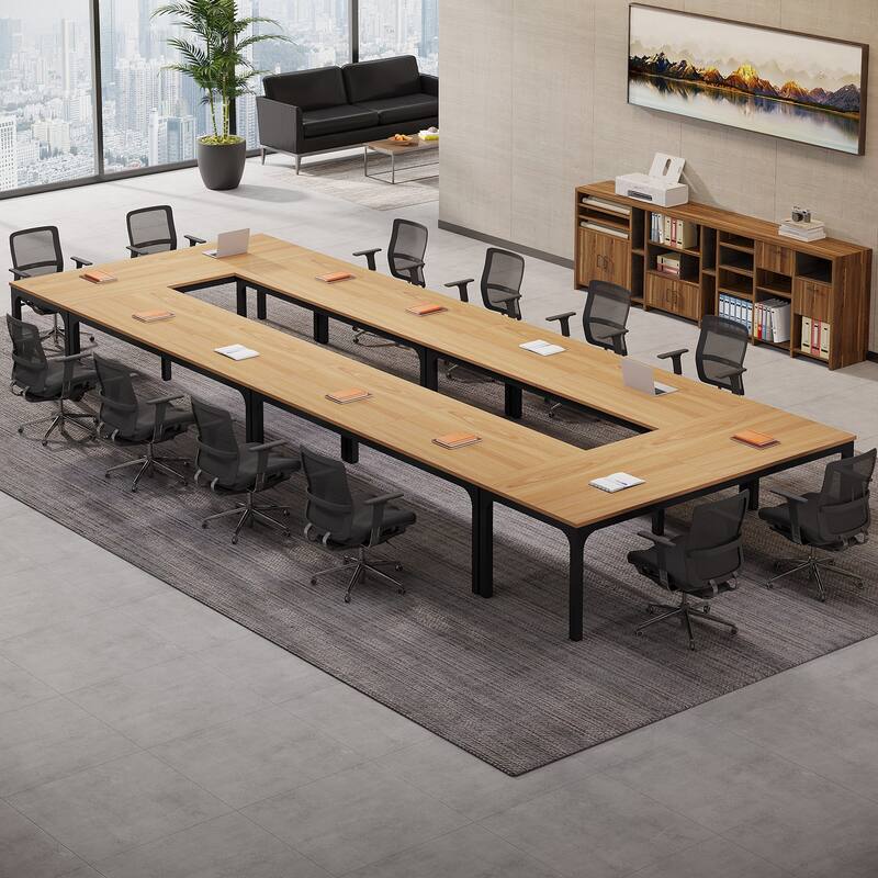 Modern Office 13FT Conference Table Set of 6, Large Rectangle Meeting Table, 78.74-Inch Long Business Seminar Table - LightBrownBlackx6