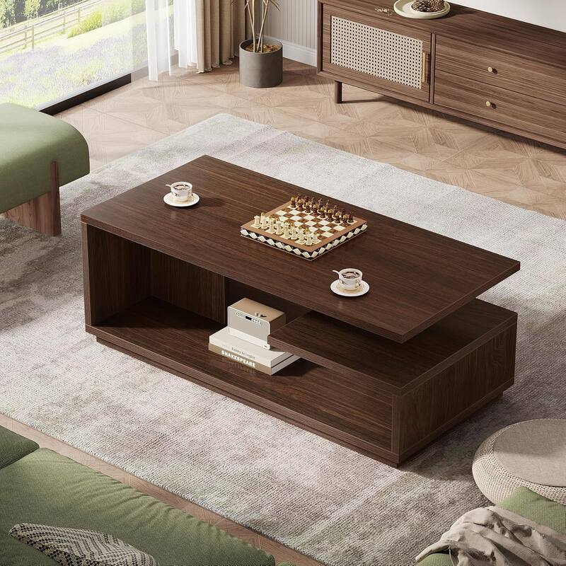 Mid-Century Modern Center Table, 3-Tier Rectangle Wooden Tea Table