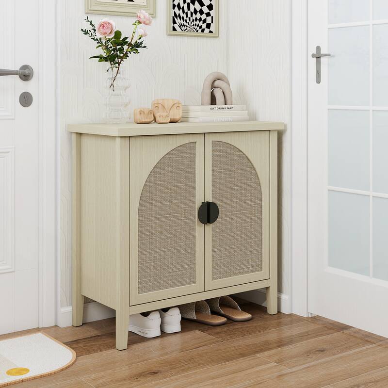 Roomfitters Rattan 2 Door Storage Cabinet, Accent Sideboard Buffet Cabinet with Adjustable Shelves, Natural