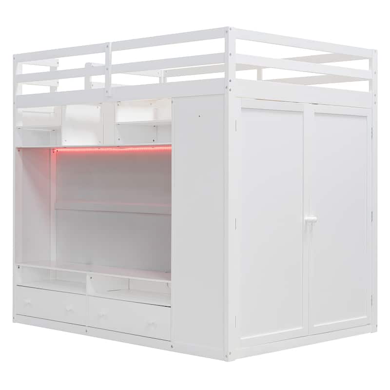 Full Size Loft Bed with Storage, LED Light, and Shelves - White