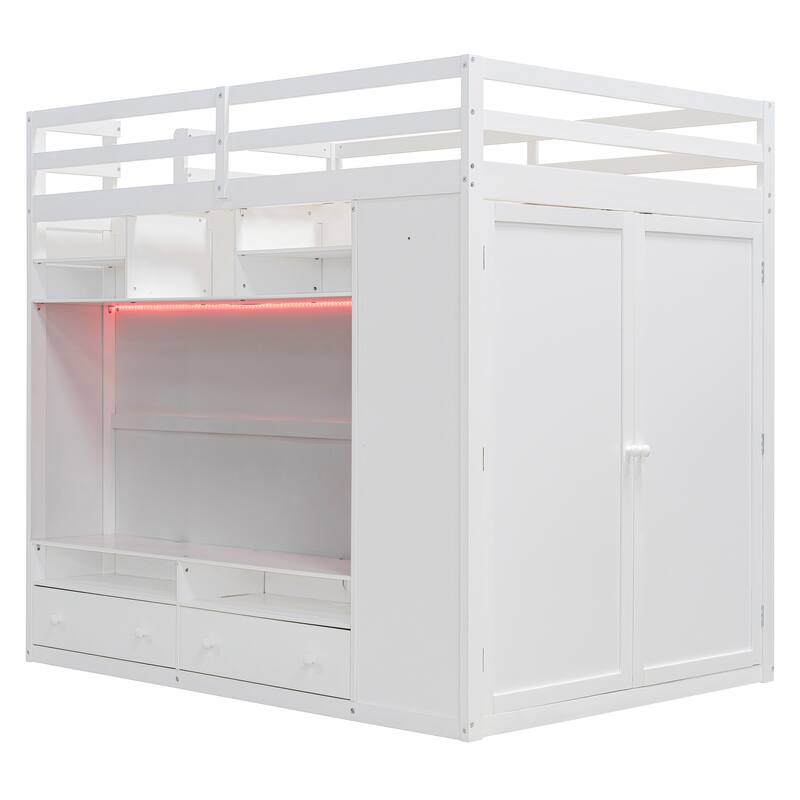 Full Size Loft Bed with Storage Drawers, Built-in Wardrobe, LED Lighting, and Shelving by Harper&Bright Designs