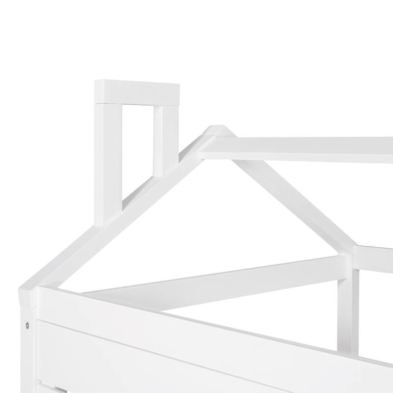 Twin House-Shaped Wooden Bed with Drawers, Kids Bed with Storage and Guardrails