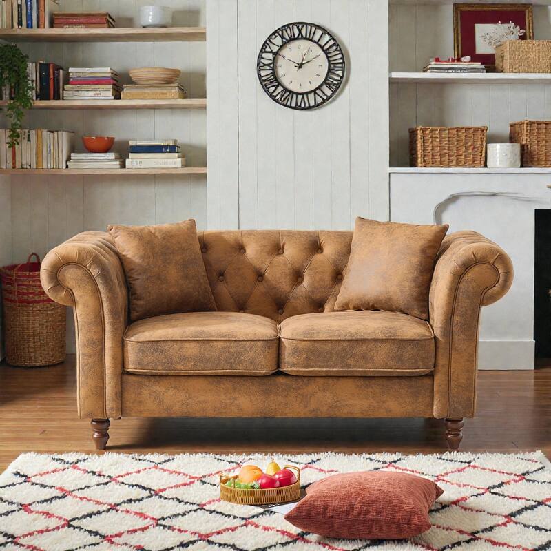 66" Chesterfield Tech Fabric Sofa, Rolled Arm 2-Seater Upholstered Couch for Living Room, Office & Apartments - Brown