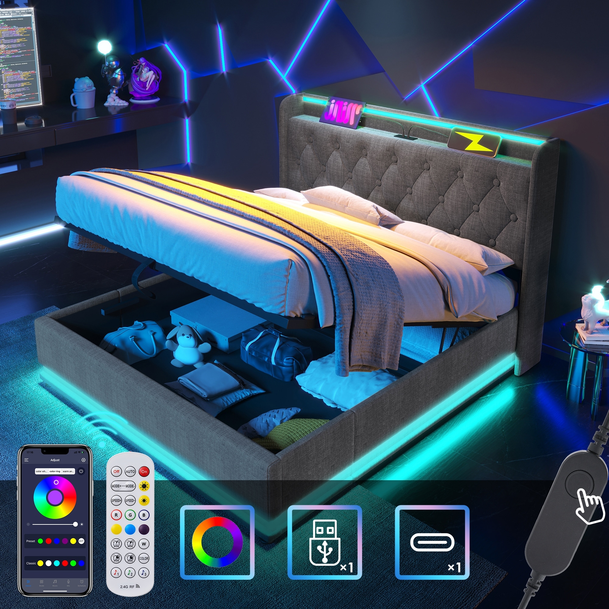 360° LED King Size Upholstered Bed with Hydraulic Lift Storage, USB Charging Ports, Remote & App Control