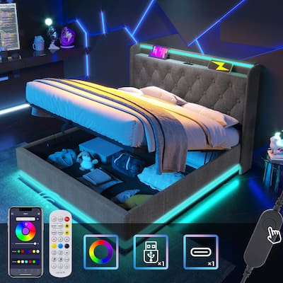 King Size Upholstered Storage Bed with 360° LED Lights, USB & Type-C Charging Ports, Hydraulic Lift, App/Remote Control