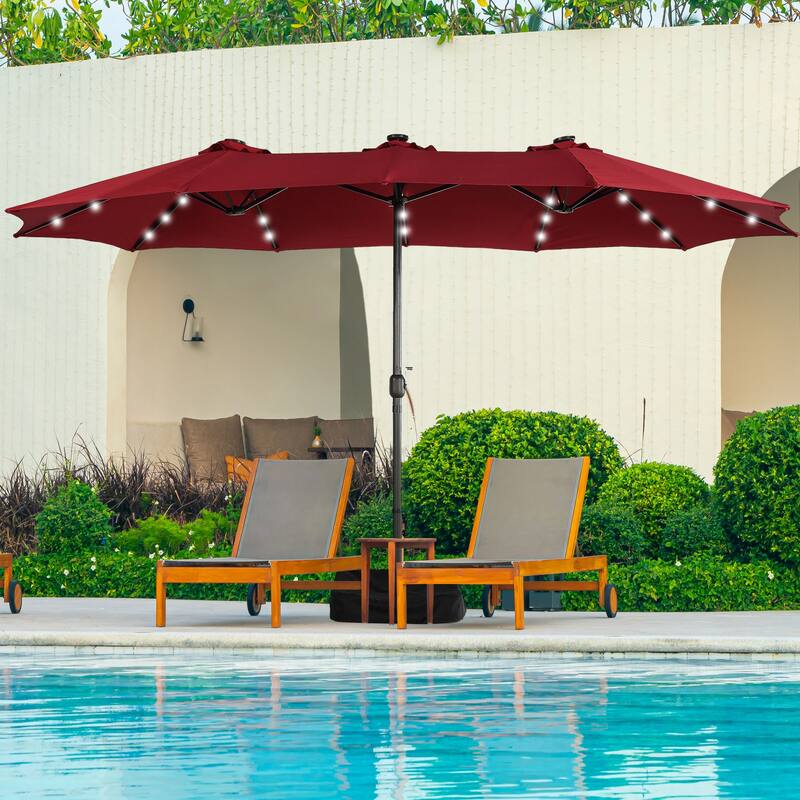 15ft Rectangular Patio Umbrella with Base and LED Lights - Red