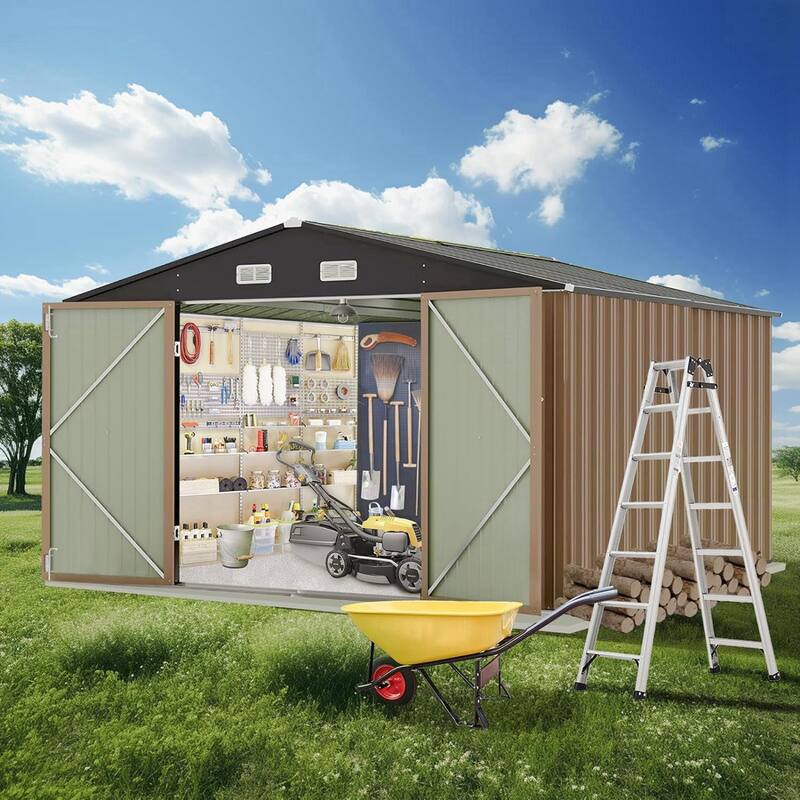 Outdoor Metal Storage Shed with Lockable Doors and Sloping Roof