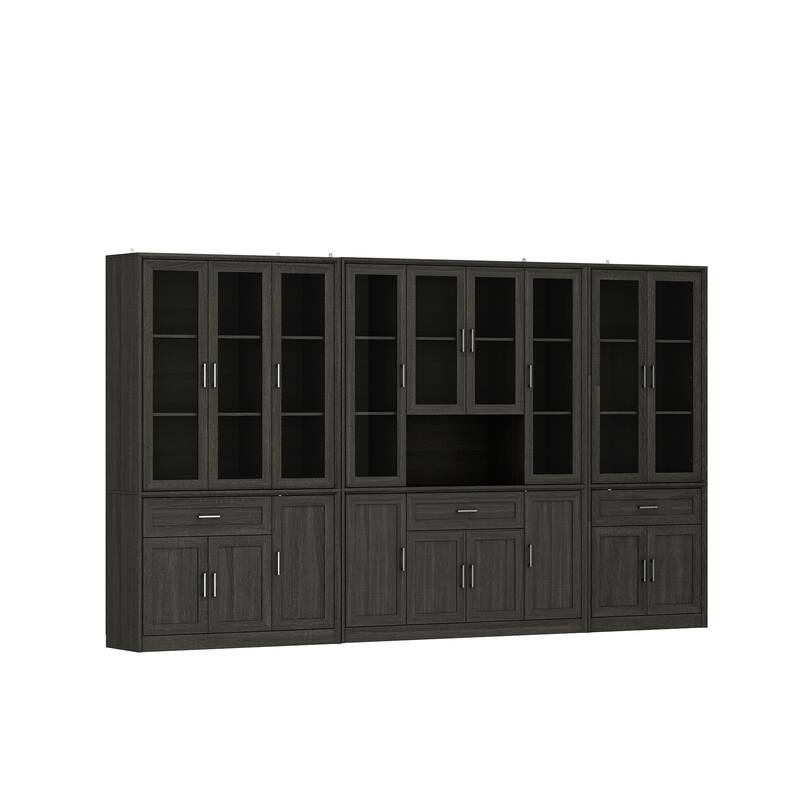 Modular Glass Door Bookcase Wall Unit with Storage Cabinets and Drawers, Dark Oak Display Hutch for Living Room or Home Office