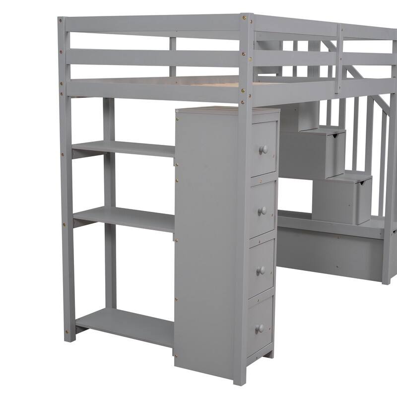 Twin-Size Loft Bed with Storage Drawers and Stairs, Wooden Loft Bed with Shelves for Teens