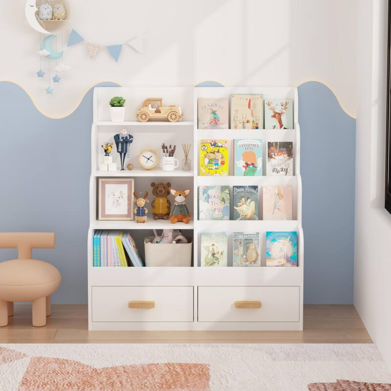Kids Bookshelf with 2 Storage Drawers, Front-Facing Children's Bookcase and Toy Organizer, Multi-Tier Reading Shelf