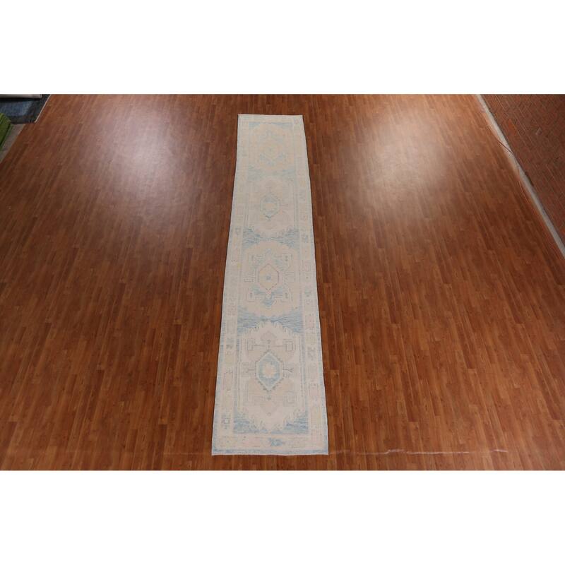 Hand Knotted Oriental 100% Wool Carpet Transitional Geometric Navy Blue & Blues Oushak Runner Rug - 16' 3'' X 3' 4''