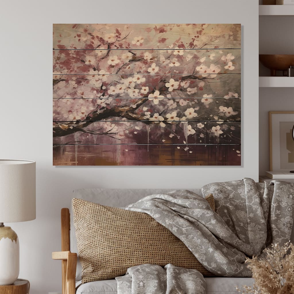 Designart "Pink Grey Dogwood Elegance II" Floral Print on Natural Pine Wood