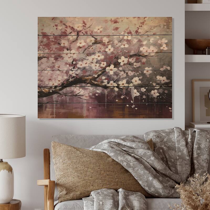 Designart "Pink Grey Dogwood Elegance II" Floral Print on Natural Pine Wood