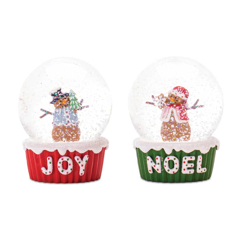 Gingerbread Snowman Snow Globes Set of 2 Holiday Table Decor - 3” x 3” x 4” - Green-Red-White