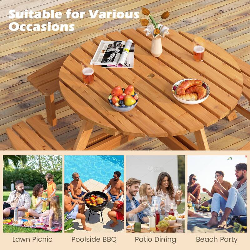 8 Person Wooden Picnic Table Round Outdoor Dining Set with Benches - 71" x 71" x 28"