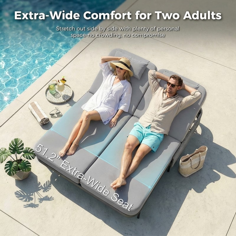 Outdoor Sectional Conversation Set PE Wicker with Double Chaise Lounge, 60,000 BTU Fire Pit Table