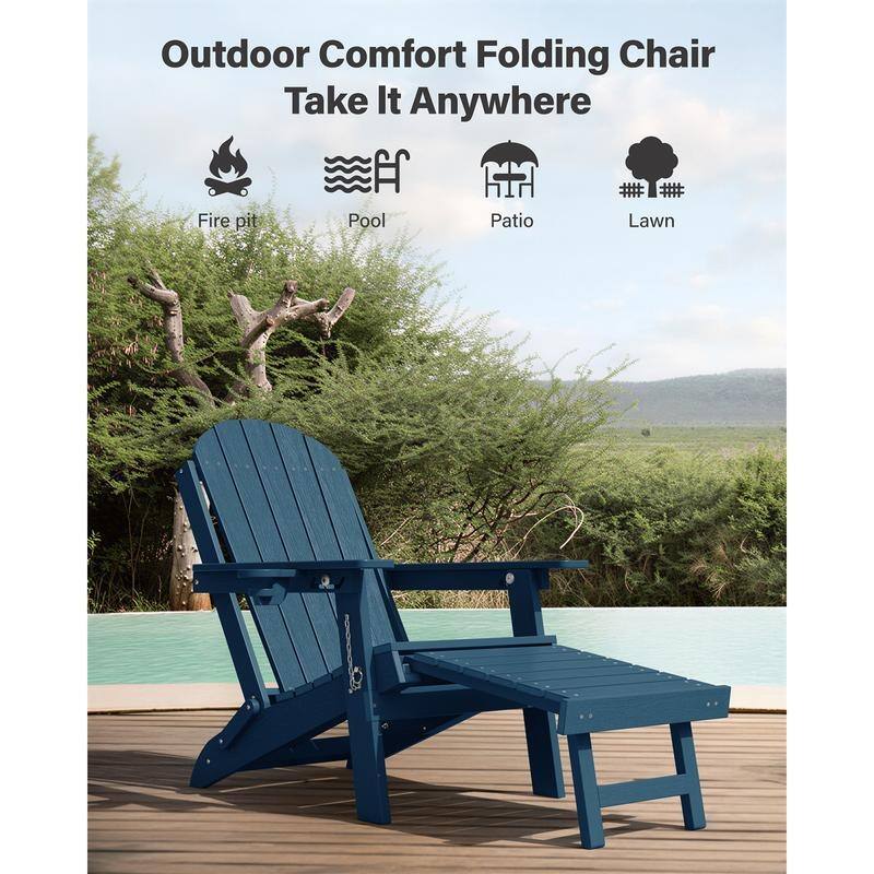 WINSOON Outdoor All-Weather HDPE Folding Adirondack Chair with Ottoman, Cup Holder & Adjustable Back Set of 2