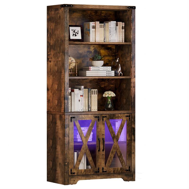 Moasis 5-Tier Open Shelves Bookcase Bookshelf with Acrylic Doors and LED Lights