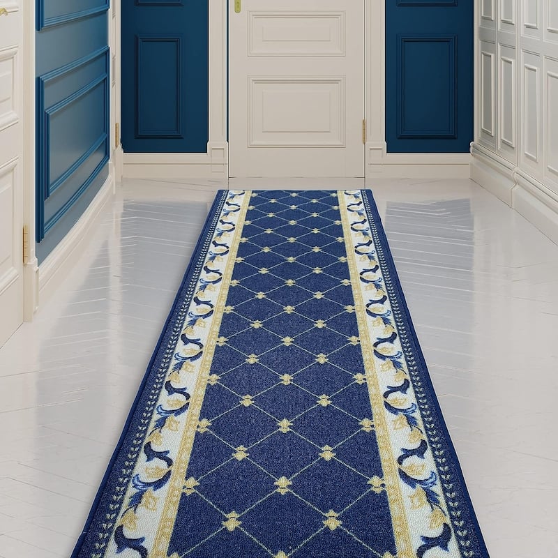 Custom Size French Trellis Design Blue,Brown,Red Color Non-Slip Rubber Backing-26 Inch WidexYour Choice of Length Runner Rug