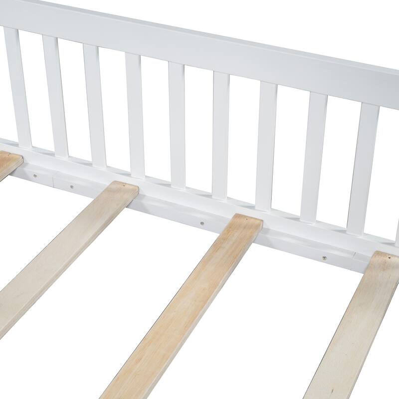 Full Size House Platform Bed with Guardrail, White