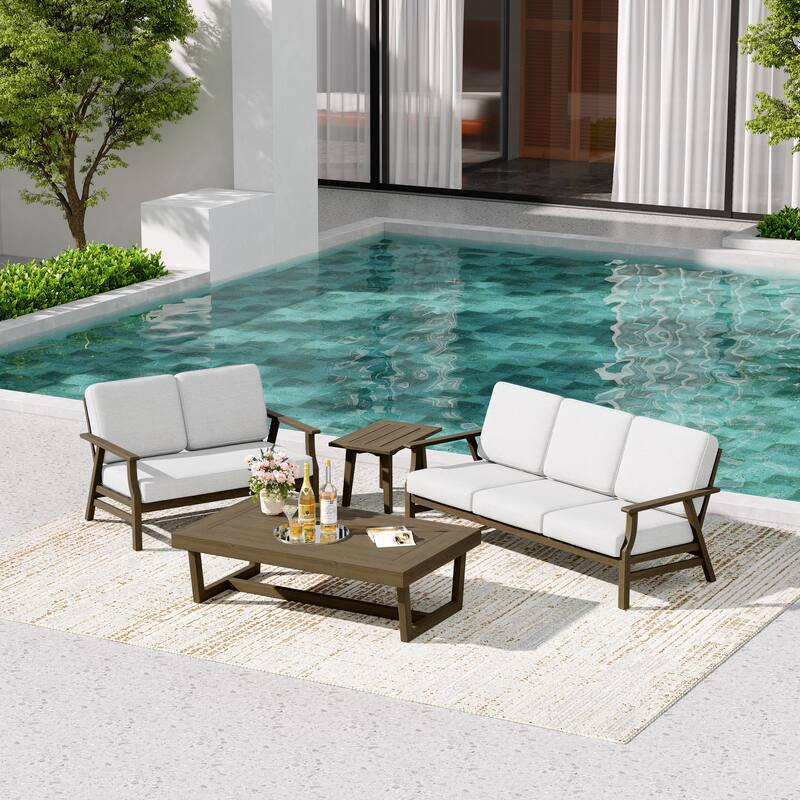 Teak Outdoor Seating Set with Daybed & Tables.