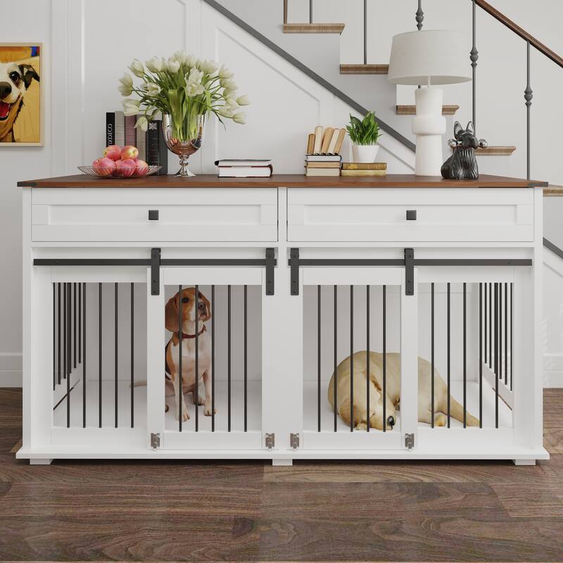 63'' Large Dog Crate Furniture Wooden Dog Kennel with 2 Drawers, Divider and Sliding Door