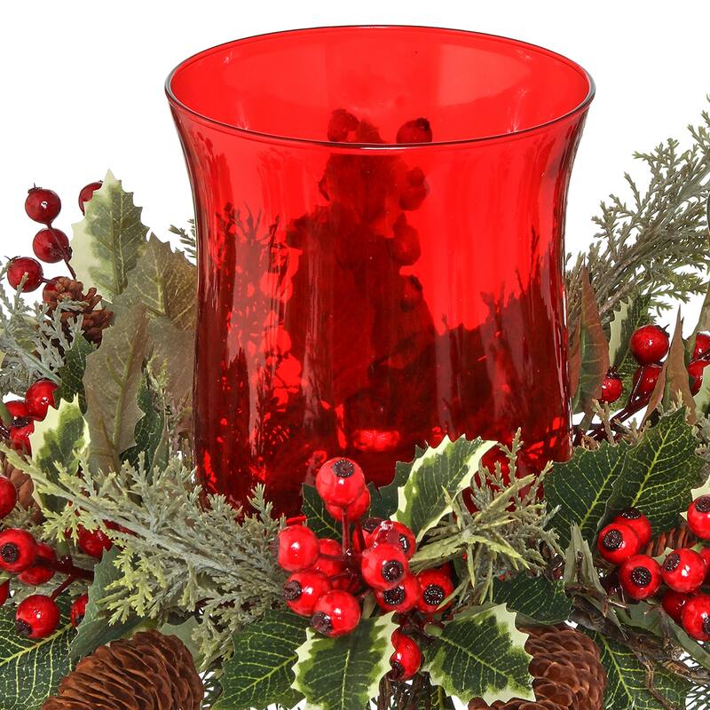 16"Spruce/Cedar/Holly Wpberry Glass Cand/Hldr - 16"