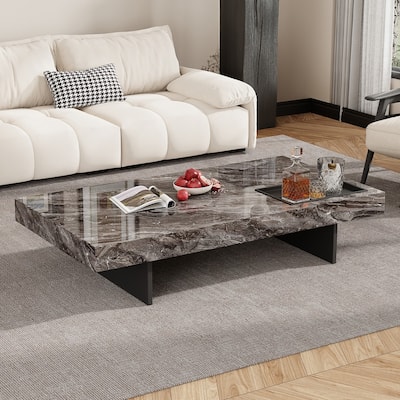 51" Modern Rectangular Coffee Table, Glossy Sintered Stone Table for Livingroom