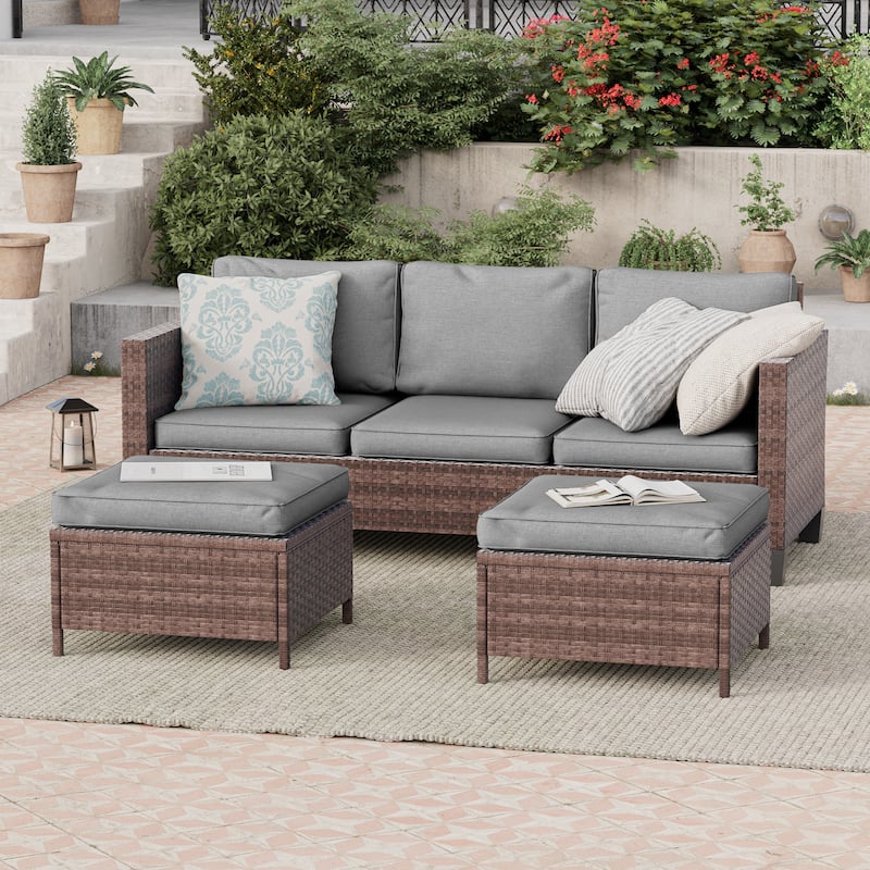 BONOSUKI 3-Piece Patio Sofa Set Brown Rattan Furniture with Ottomans - Grey
