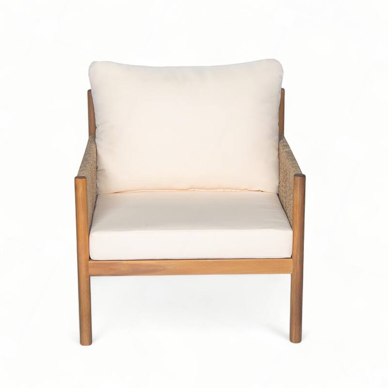 Outdoor Woven Lounge Chair with Solid Wood Frame and Comfortable Polyester Cushions