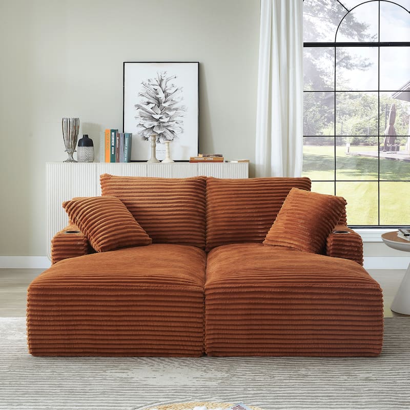 Compressible Double Chaise Lounge With Cupholders - No Assembly Required, Fluffy Modern Sleeper Loveseat - Orange