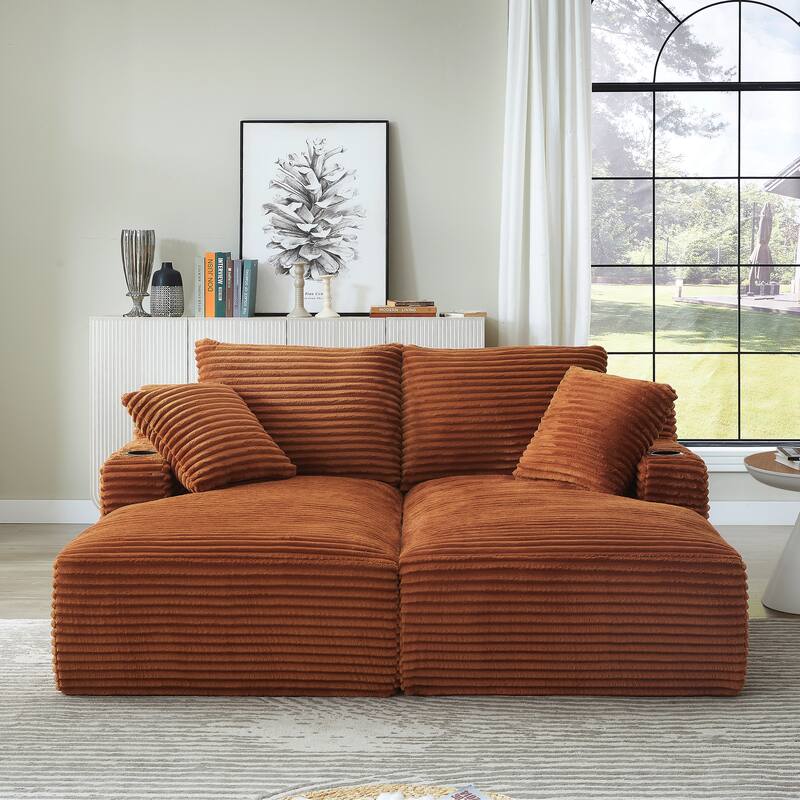 Roomfitters Double Chaise Lounge with Cup Holders and Plush Corduroy Upholstery, No Assembly Modern Sleeper Loveseat