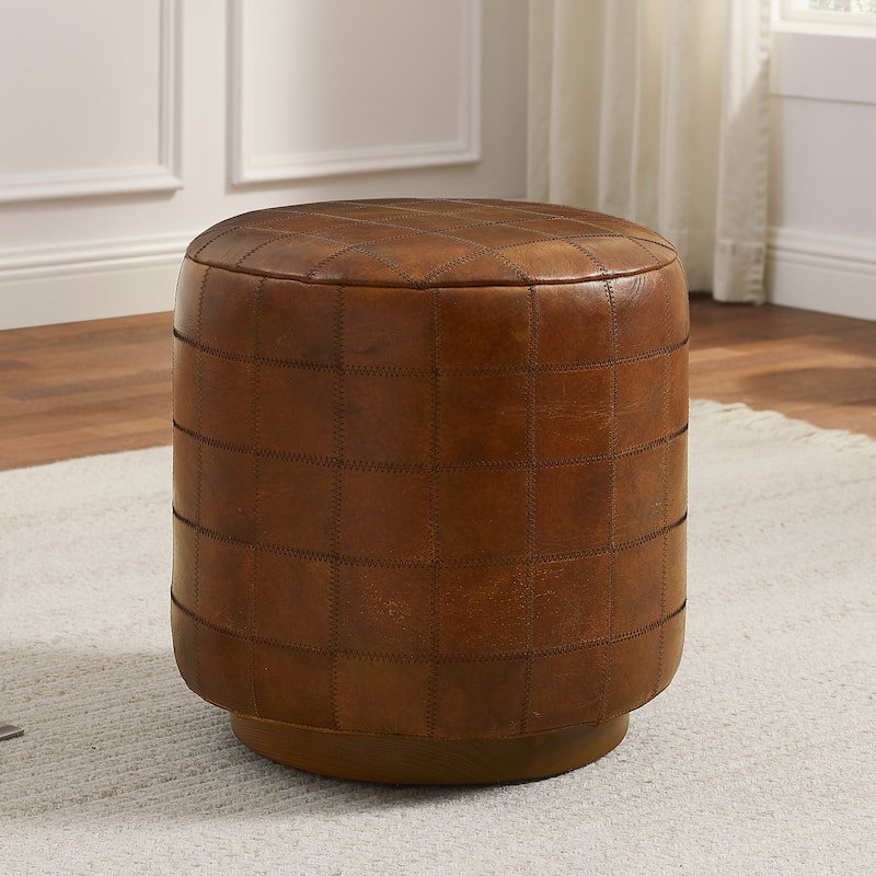 Art Leon Vintage Genuine Leather Ottoman Footstool with Checkered Stitching - Cognac