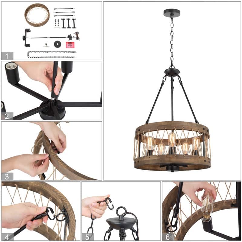 Farmhouse Wagon Wheel 5-light Drum Wooden Chandelier Island Lights - D18" * H27.5"