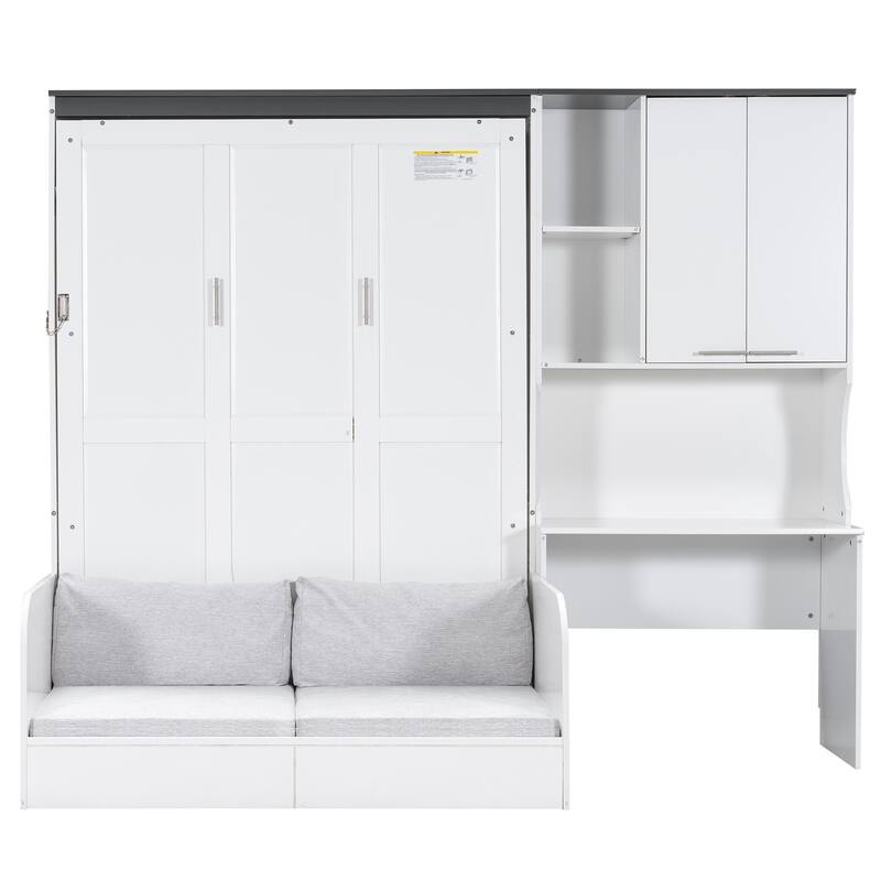 Space-saving Foldable Bed Design Murphy Bed Foldable Platform Bed with Sofa, All-in-one Storage Bookcase Cabinet and Desk