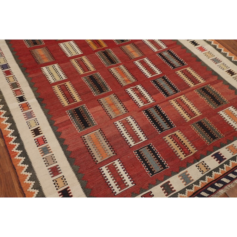 Red Kilim Qashqai Persian Vintage Rug Flatweave Wool Carpet - 5'3"x 8'2"