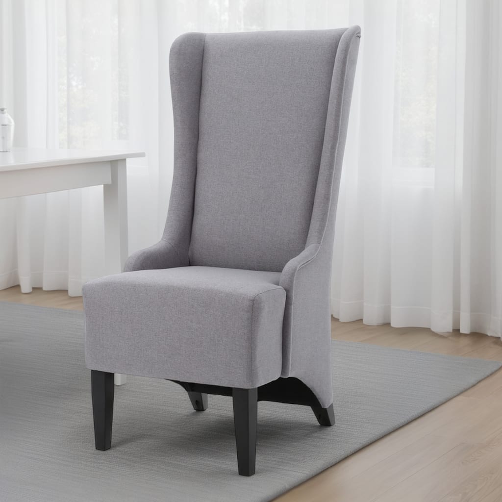 Becca Dining Chair, High Wingback Brown Birch Wood, Light Gray Fabric